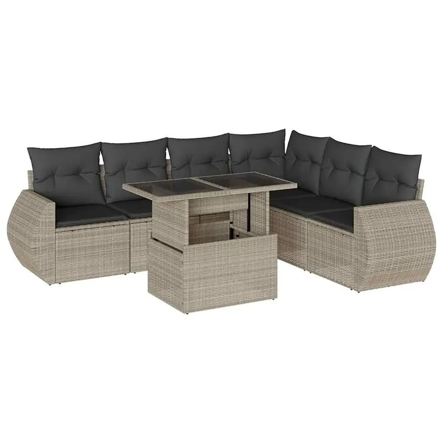 vidaXL 7-tlg. Garten-Sofagarnitur in L-Form aus Polyrattan mit Kissen, Hellgrau - Bild 2