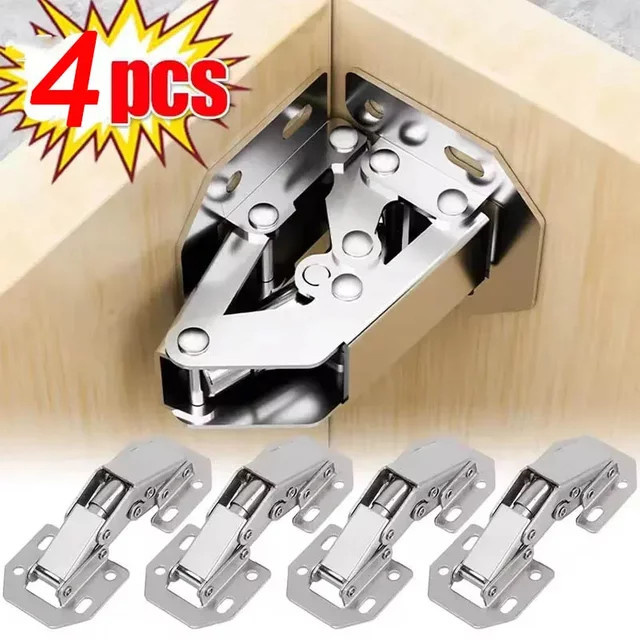 4er-Set hydraulische 90-Grad-Schrankscharniere mit Soft-Close-Funktion ohne Bohren in Silber/Chrome für Küchenschränke und Möbelbeschläge - Bild 1