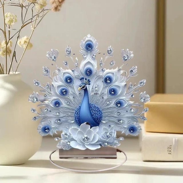 Elegante Pfauenfigur in Blau von Ouhoe als dekorative Tischdekoration für Büro und Wohnraum - Bild 1