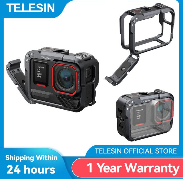 TELESIN Aluminium Schutzhülle mit Cage Set und Dual Cold Shoe Adapter für Insta360 Acepro und Acepro2 in Schwarz - Bild 1