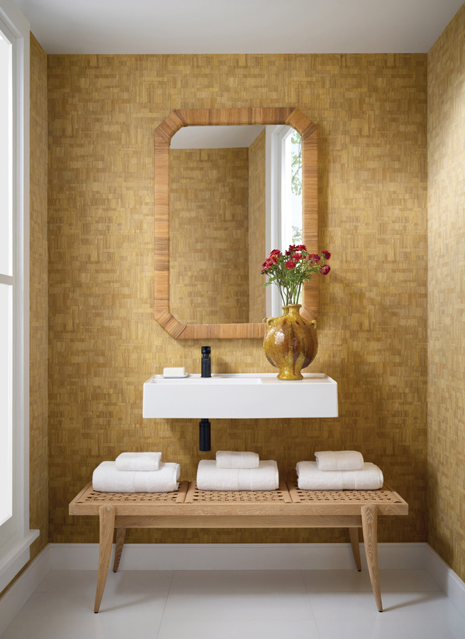 Thibaut Tapete Bamboo Mosaic in Natural mit botanischem und geometrischem Design, waschbar, Vinyl, Beige und Braun - Bild 1