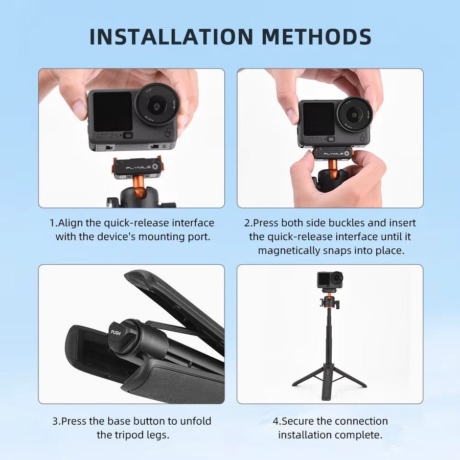Flymile Action 6 ausziehbarer Stativ-Selfie-Stick mit Schnellverschlussbasis für DJI OSMO Action 6 Zubehör, Vlog-Griff, Schwarz - Bild 3