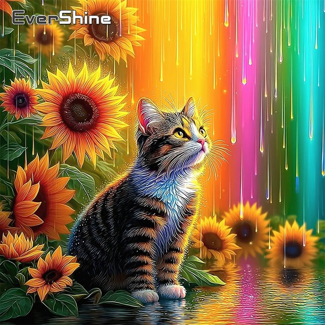 EverShine Diamant-Gemälde mit Katzen-Motiv und Sonnenblumen für Erwachsene, Diamant-Mosaik in Multicolour, B/H: 20 x 20 cm - Bild 1