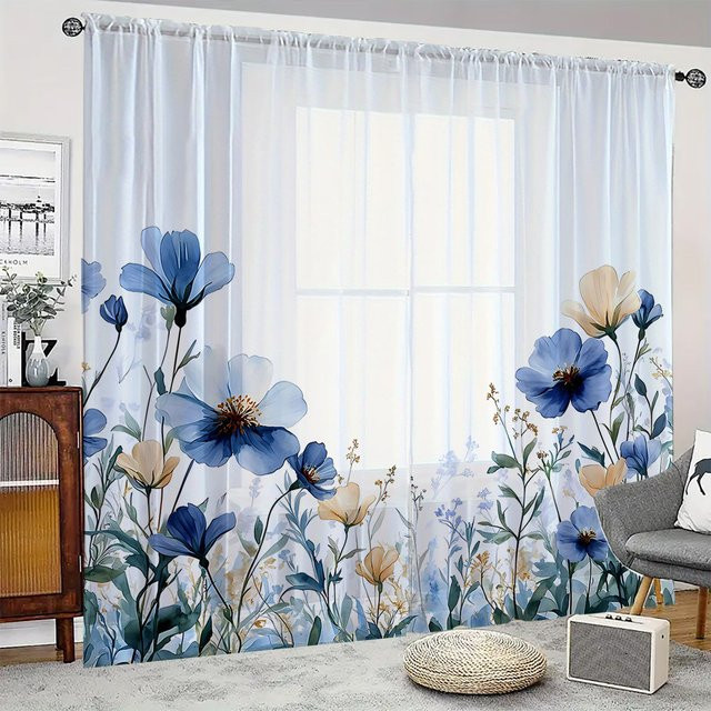 2 Stück Vorhänge mit Blumenmuster in Blau, HD-Digitaldruck, transparent, modernes Design für dein Wohnzimmer - Bild 1