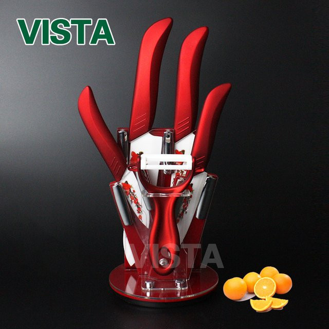 MYVIT Küchenmesser-Set mit Blumenmuster in Rot inklusive Ständer und Schäler - Bild 1