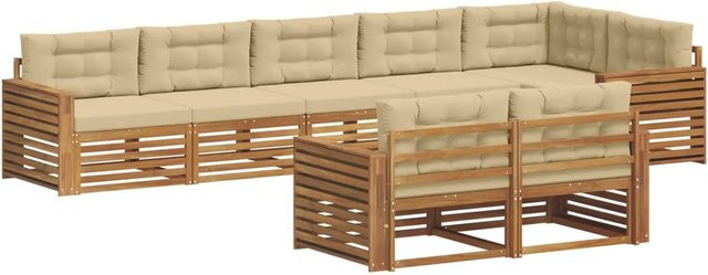 vidaXL Outdoor-Sofagarnitur aus Akazienholz in L-Form, 8-teiliges Set in Natur und Beige mit Kissen und Rückenpolstern - Bild 1
