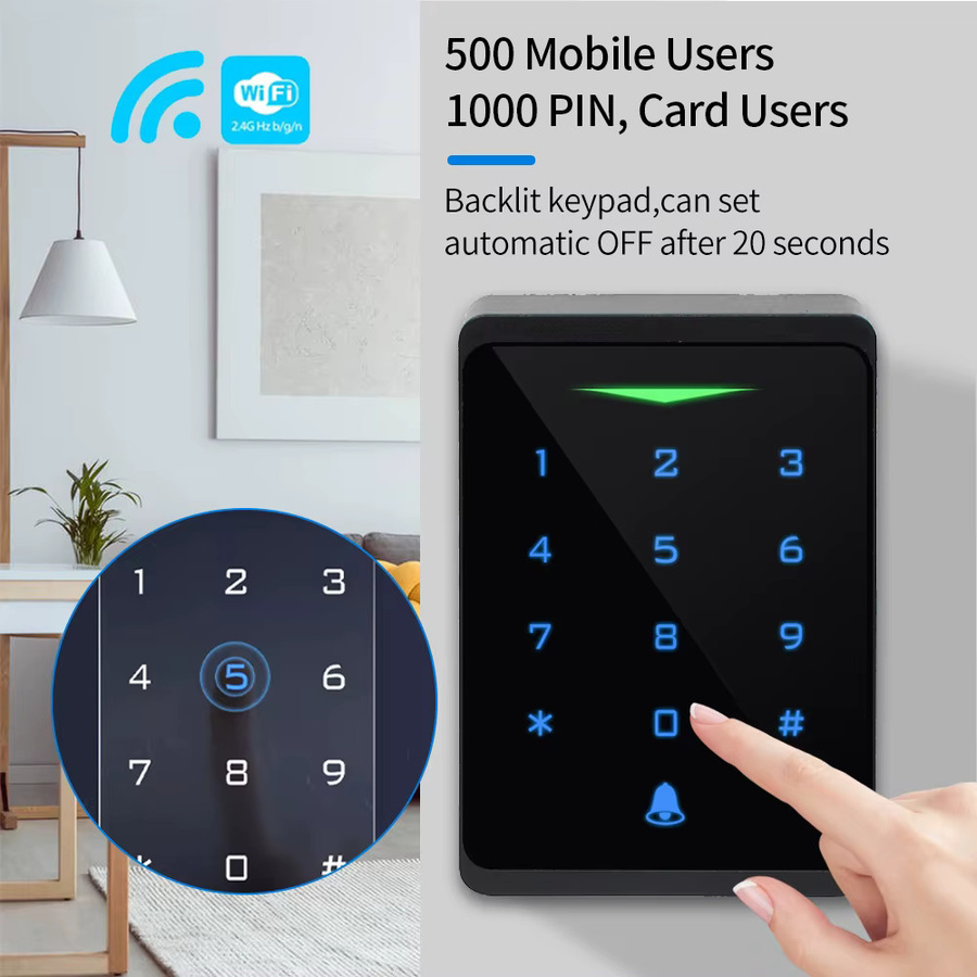 LUCKING DOOR Zugangskontrollsystem mit Tuya-App-Unterstützung, 2,4G WLAN, RFID-Tastatur und hintergrundbeleuchtetem Touchscreen, IP66 wasserdicht, 125 kHz EM-Kartenleser, WG 26 Bit, Schwarz - Bild 4
