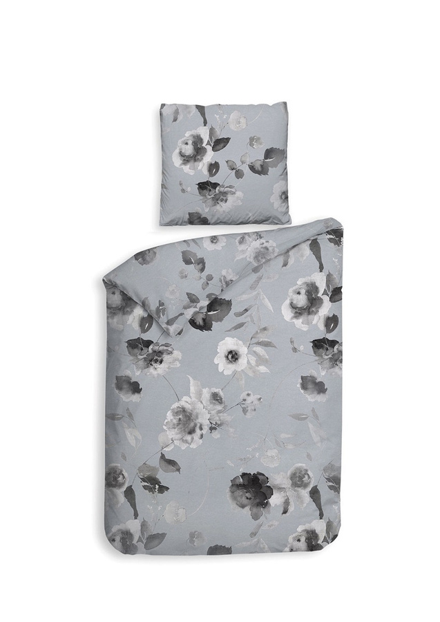 Heckett & Lane Mako-Satin Bettwäsche Mira Mist Grey mit Rosenblüten in Grau und Weiß, B/H: 135 x 200 cm und 80 x 80 cm - Bild 1