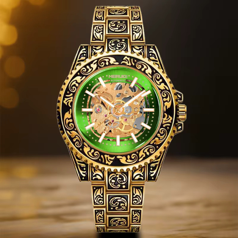 MEIRUIQI Armbanduhr Automatik, Edelstahl, Gold, grünes Zifferblatt, Herren - Bild 2