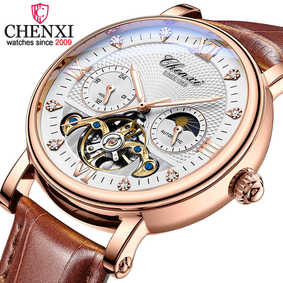 CHENXI Armbanduhr, Automatik, Tourbillon, Mondphase, Leder, Herren - Bild 2