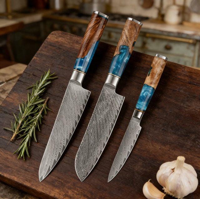 Baovim Damaszener Stahl Kochmesser-Set mit 67 Lagen Kohlenstoffstahl und blauem Harzholzgriff, 3-teilig - Bild 1