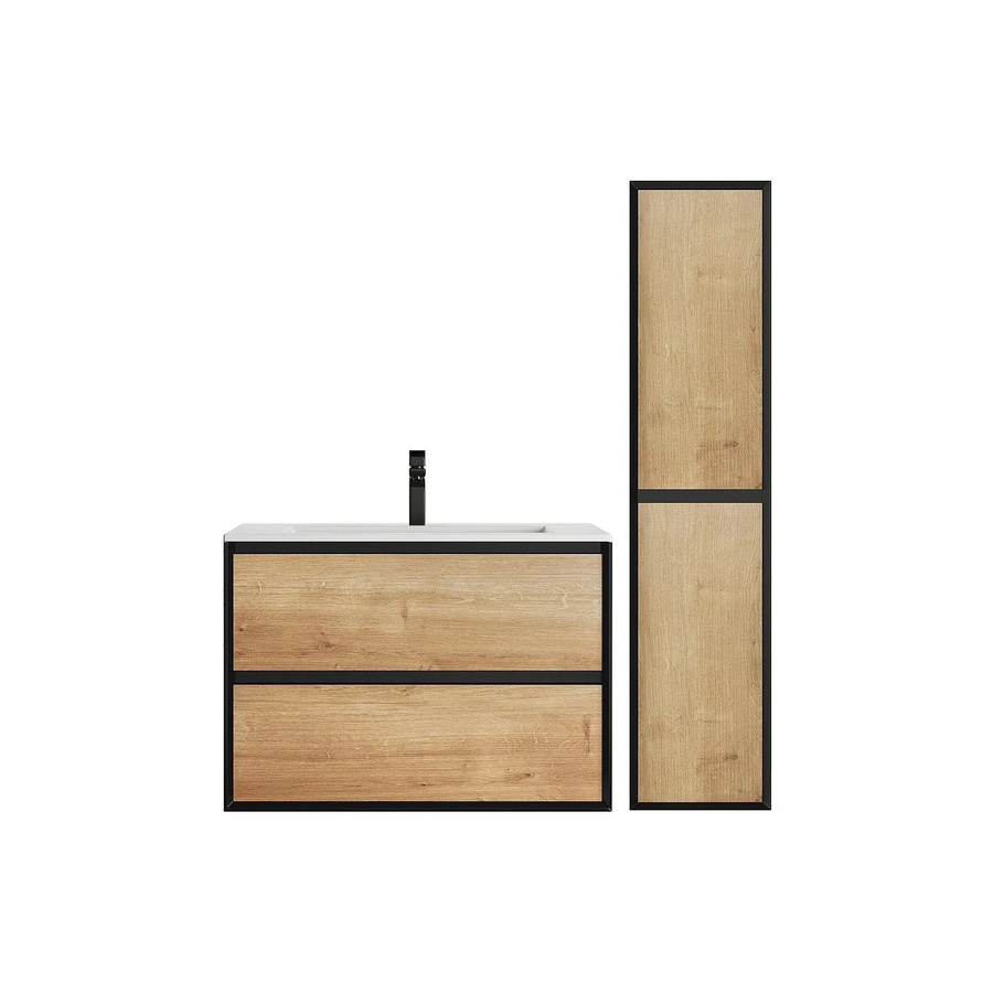 Vente-unique Badmöbel-Set Lannick mit Waschbeckenunterschrank, Einbauwaschbecken und Badhochschrank in Schwarz und Naturfarben Hell, Breite: 80 cm - Bild 2