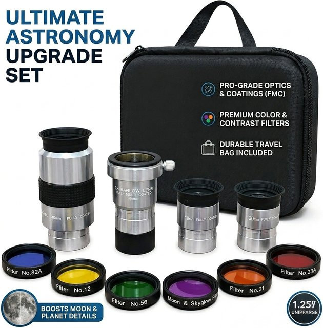 Astronomie Teleskop Okularfilter Set mit 2X Barlow Linse und Mond Skyglow Planetenfilter in Silber, 1,25 Zoll - Bild 1