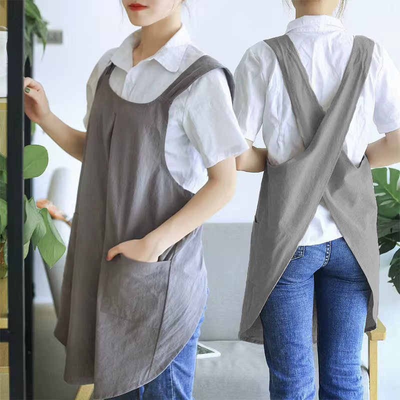 HUA HUA Schürze für Damen mit überkreuztem Rücken und Taschen in Beige - Bild 1