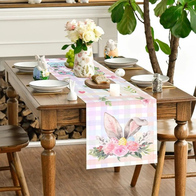 VIKAMA Oster-Tischläufer mit buntem Kaninchen-Design für Frühlingsfeiern, B/H: 180 x 35 cm, Mehrfarbig - Bild 1