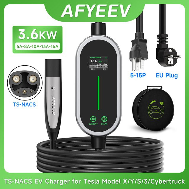 AFYEEV Tragbares EV-Ladegerät für Tesla mit EU-Stecker, 16A 3600W, 5m Kabel, Farbe: Schwarz, kompatibel mit Tesla Model X, Y, S, 3 und Cybertruck - Bild 1
