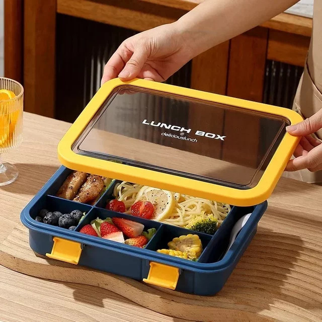 Tragbare Bento-Box Lunchbox mit Gitterteilung und Besteck, mikrowellengeeignet, 1500 ml, Farben: Braun oder Blau - Bild 1