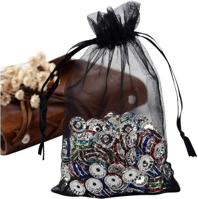 100 Stück Organza-Geschenktüten in Schwarz mit Kordelzug für Schmuck, Hochzeiten oder Partys, Größe: 10,16 x 15,24 cm - Bild 1