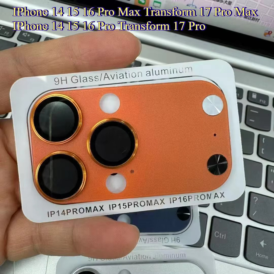Metall Kamera Schutzabdeckung für iPhone 14 15 16 17 Pro Max in Orange mit Objektiv Ring aus Glas Legierung - Bild 2