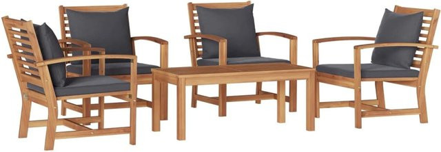 vidaXL Gartenmöbel-Set aus Massivholz Teak in Braun mit 4 Stühlen und 1 Tisch inklusive wetterfesten Kissen - Bild 1