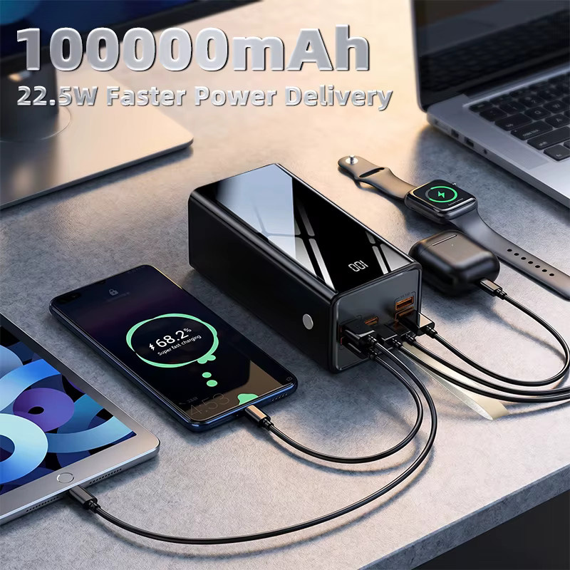 Cohana Powerbank 100000mAh mit 22,5W Schnellladefunktion, schwarzes tragbares Ladegerät mit LED-Digitalanzeige, integrierter Taschenlampe und Tragegurt zum gleichzeitigen Laden von 7 Geräten - Bild 4