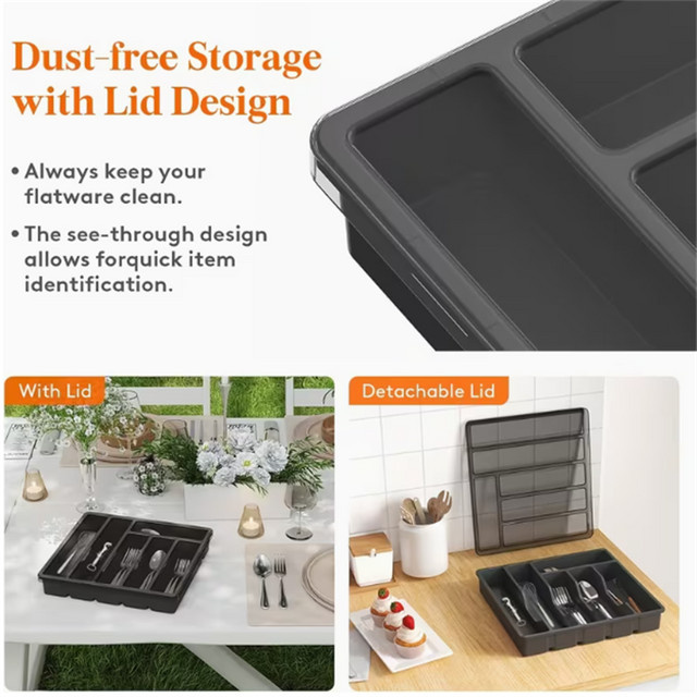 Besteckbox aus Kunststoff mit Trenner in Schwarz für Küchenschubladen und Arbeitsplatten, Breite: 32,0 cm, Höhe: 5,4 cm - Bild 1