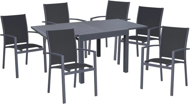 DELUKE Garten-Sitzgruppe DORIAN 7-teiliges Gartenmöbel-Set aus Aluminium und Kunststoffgewebe in Dunkelgrau mit ausziehbarem Esstisch - Bild 1