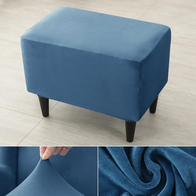 Yiran Furniture Hockerbezug aus Stretch-Samt in Blau, rechteckiger Fußhocker-Überwurf, rutschfest und abnehmbar - Bild 1
