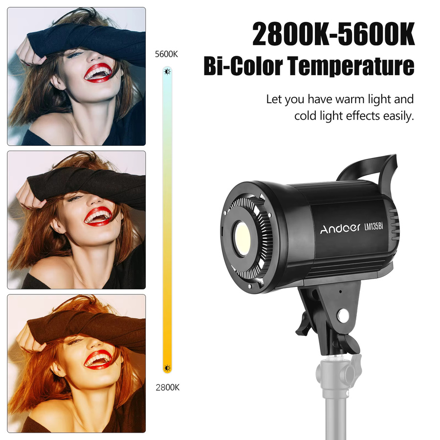 Andoer LM135Bi LED-Fotografie-Fülllicht in Schwarz, 135 W Studio-Videoleuchte mit Bowens-Montage, dimmbar, Farbtemperatur 2800 K–5600 K - Bild 4