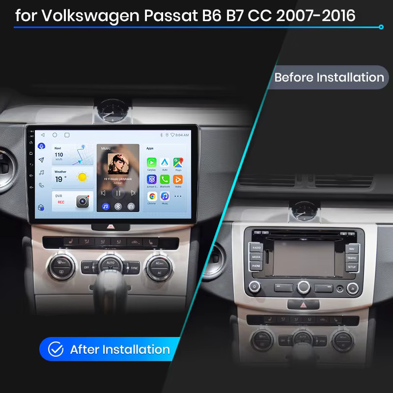 Junsun Wireless CarPlay und Android Auto Autoradio für Volkswagen Passat B6/B7 und CC Typ 3C (2005-2014) mit GPS Navigation, WiFi, Bluetooth und integriertem Lüfter in Schwarz - Bild 2