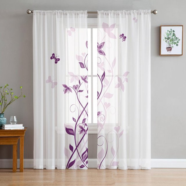 Super Six Voile Vorhang mit floralem Design in Lila und Weiß, B: 135 cm, H: 114 cm - Bild 1