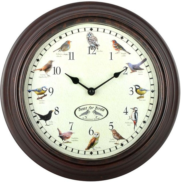 Esschert Design Wanduhr mit Vogelgesang in Braun mit analogem Zifferblatt und Musikfunktion - Bild 1