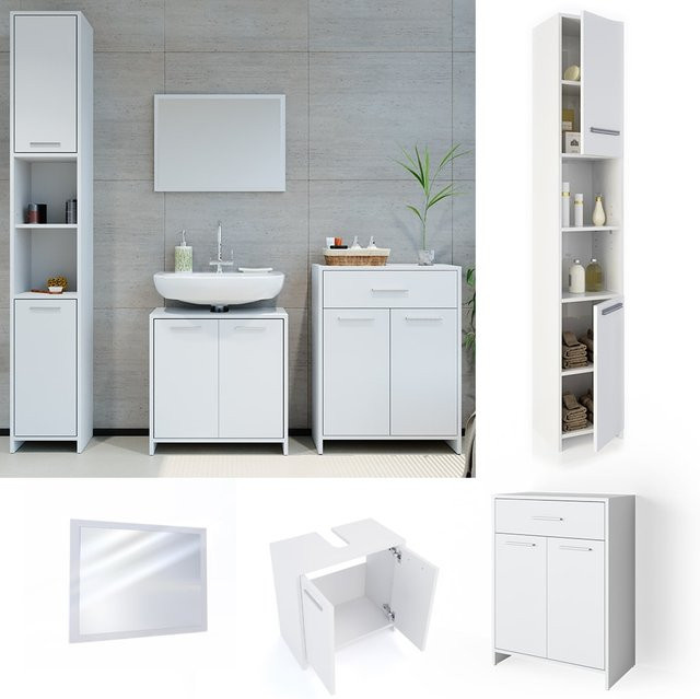 Vicco Badmöbel Set KIKO Weiß bestehend aus 4 Teilen mit Hochschrank, Kommode, Badspiegel und Beistellschrank - Bild 1