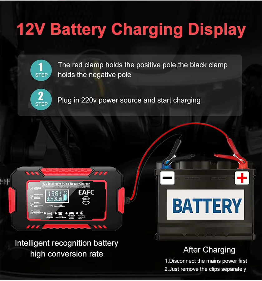 EAFC 6A 12V Smart Car Battery Charger Auto- und Motorradbatterieladegerät mit LCD-Display für Blei-Säure-Batterien in Rot und Schwarz - Bild 2