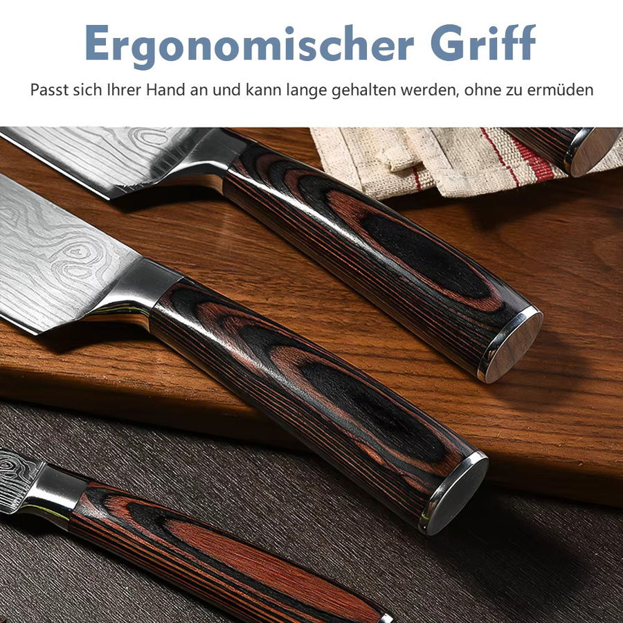 ZENG Küchenmesser-Set mit Lasermuster und ergonomischem Holzgriff in Schwarz, inklusive Santoku-Schneidemesser und Kochmesser - Bild 5