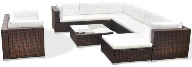 vidaXL 10-tlg Garten-Lounge-Set Modell 3 aus braunem Poly-Rattan mit Auflagen - Bild 1