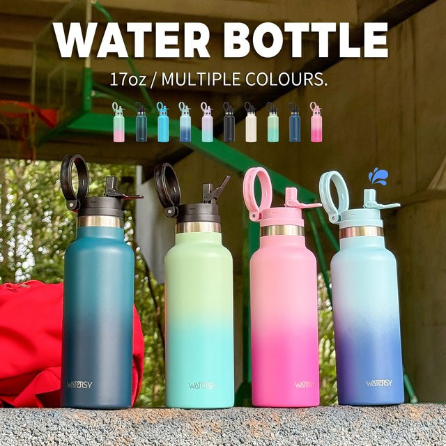 WATERSY Edelstahl-Wasserflasche mit Griff und Strohhalm, doppelwandiger isolierter Thermobecher für den Sport, Blau, 500 ml - Bild 1