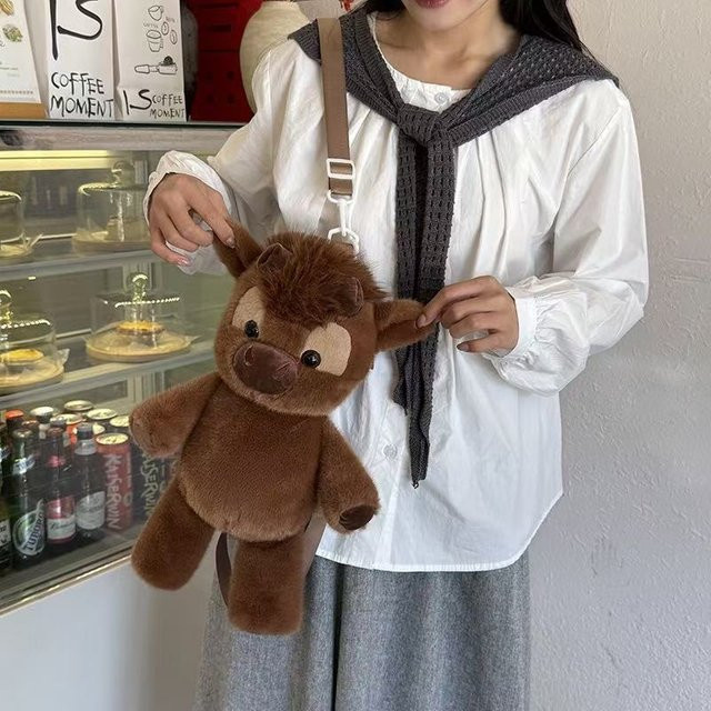 Yiran toy Hochlandrind Plüsch Rucksack, Stofftier Puppe Tasche, Braun - Bild 1