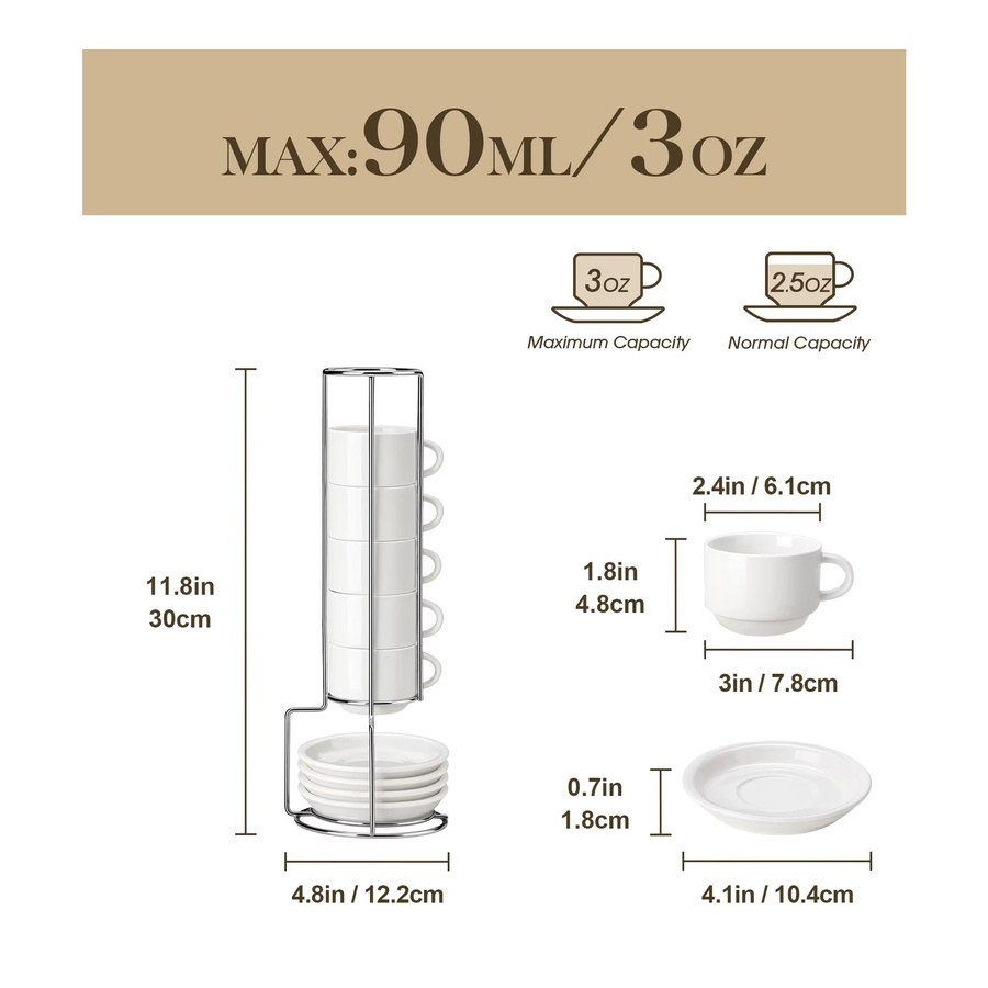 Malacasa 6-teiliges Porzellan-Tassenset in Weiß mit Untertassen und Metallständer für Espresso, Cappuccino und Latte - Bild 2