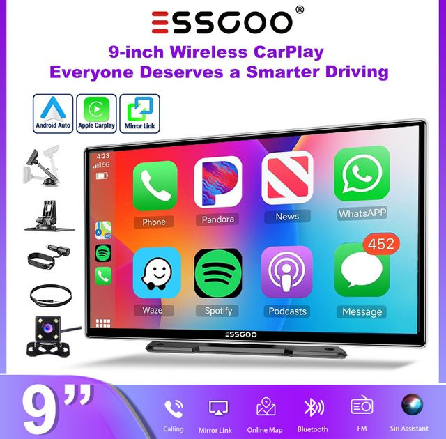ESSGOO Tragbares Autoradio mit 9 Zoll IPS Touchscreen, Wireless CarPlay und Android Auto, Schwarz, mit Bluetooth, Wi-Fi, USB, AUX, FM und Sprachsteuerung, universell für Lastwagen, Lieferwagen und Pick-ups - Bild 1