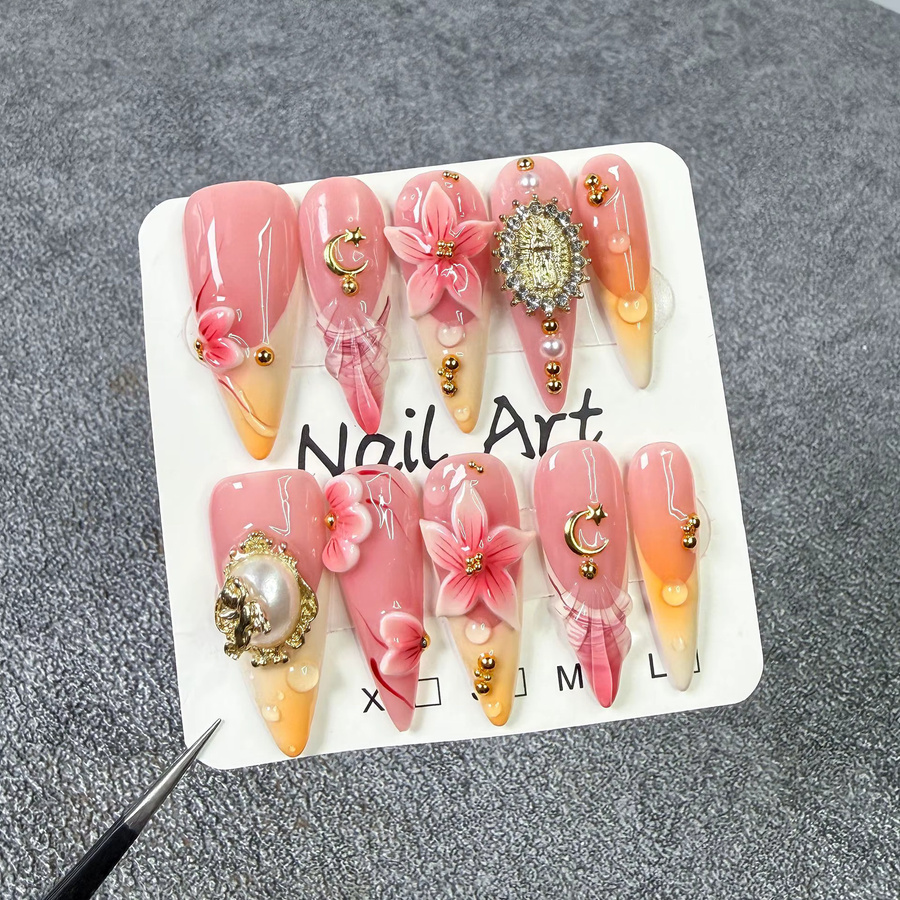 Qsezeny Künstliche Nagelspitzen Stiletto, 10 Stück, Glänzend, Blumen Farbverlauf - Bild 2