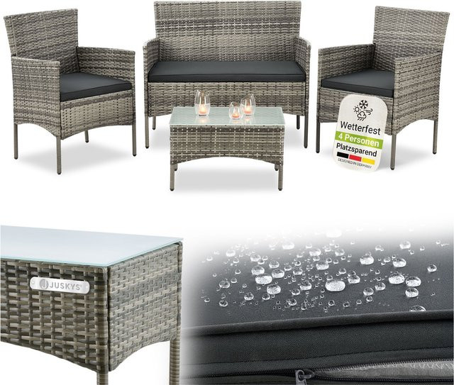Juskys Polyrattan Gartenmöbel-Set Fort Myers in Grau Meliert mit Tisch, Sofa, 2 Stühlen und Auflagen - Bild 5