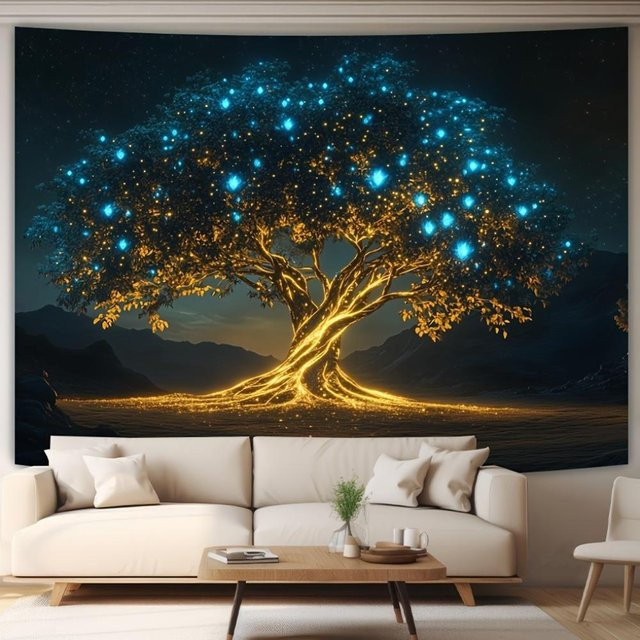 JMG Household Supplies Wandteppich Verzauberter leuchtender Baum in Gold und Blau, Ästhetischer Wandbehang im Ins-Stil, Breite: 70 cm, Höhe: 100 cm - Bild 1