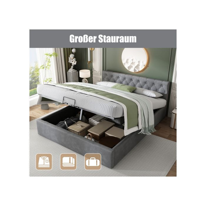 MUVOE Bett mit hydraulischem Stauraum und gepolstertem Kopfteil aus grauem Samt, B/T: 140 x 200 cm - Bild 2