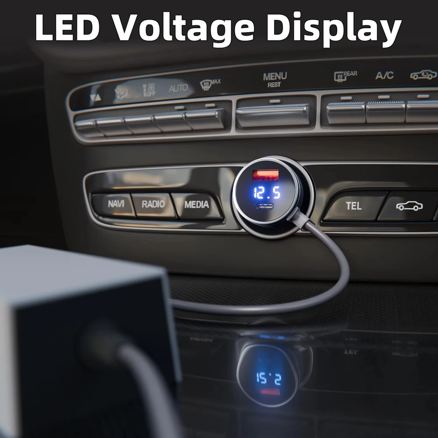 Kebidumei USB Typ C Auto Ladegerät für Starlink mit Digital Voltmeter und 2m wasserdichter Verlängerung, Schwarz, 12V-24V Fahrzeuge - Bild 4