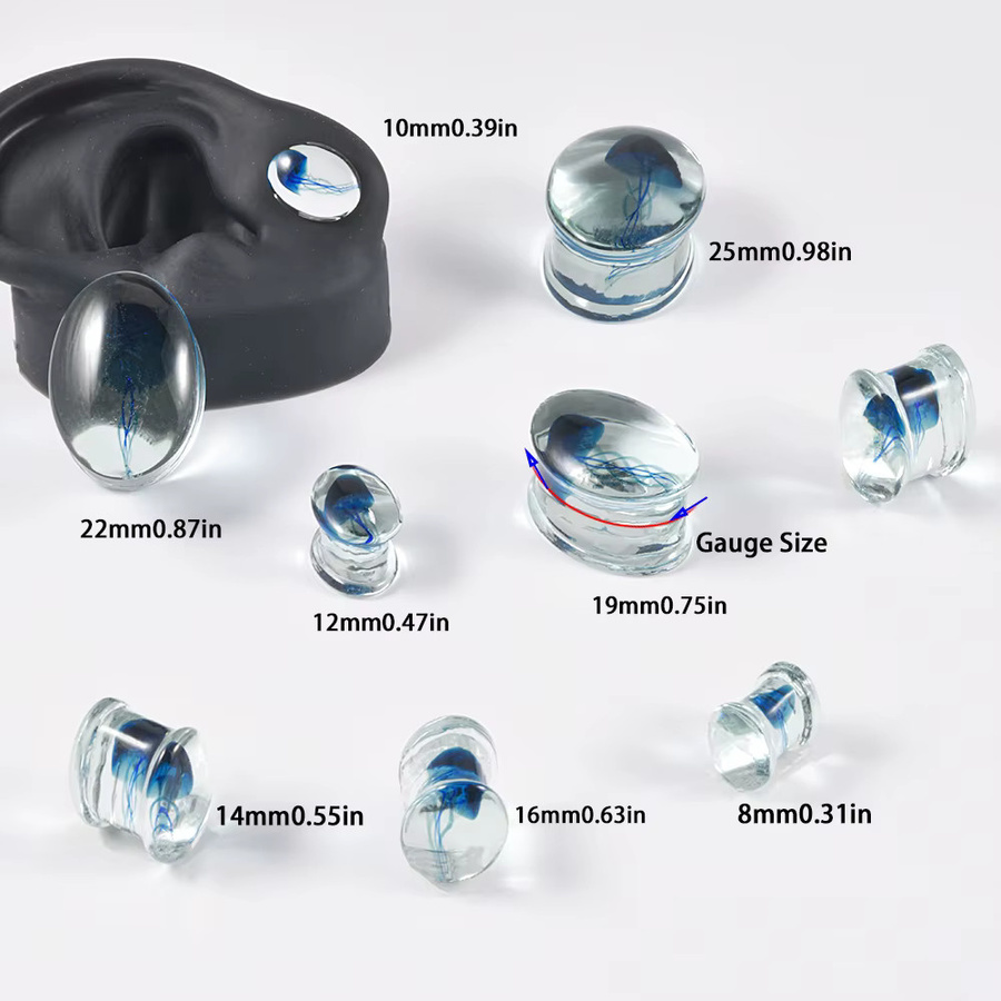 Ohrring Glas, ovale und transparente Ohrtunnel-Stecker, Blau, Quallen - Bild 3