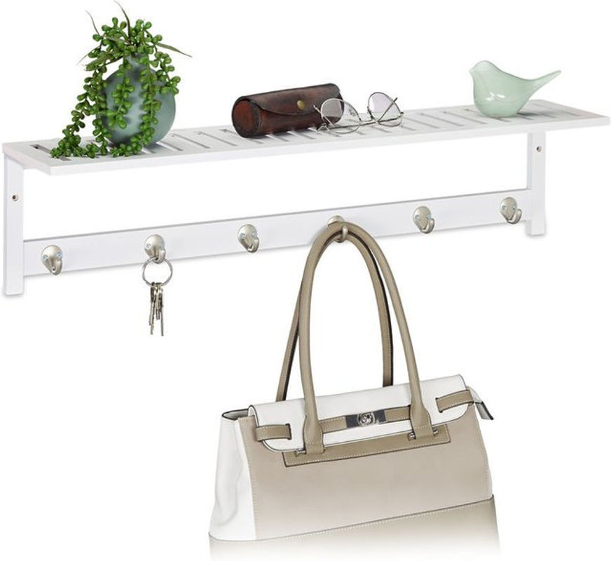 Relaxdays Wandgarderobe aus Bambus und Metall im Landhausstil mit Ablage und 6 Haken, Weiß, H x B x T: 18 x 75 x 16 cm - Bild 1