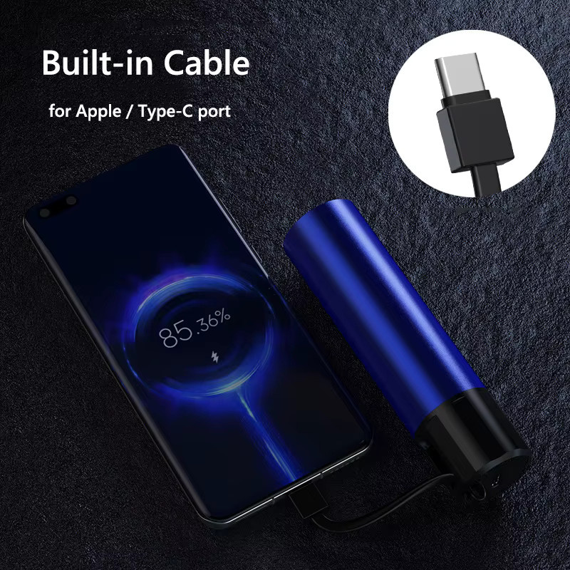 Tragbare Mini Powerbank mit 5000 mAh und integriertem Kabel sowie LED Taschenlampe in Schwarz für iPhone, Samsung, Xiaomi und Huawei - Bild 2