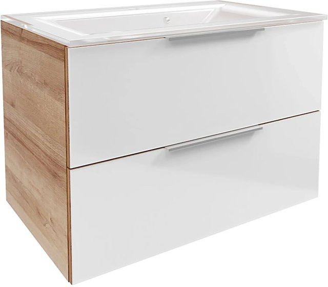Fackelmann Badmöbel-Set B.Brillant Waschplatz mit Glaswaschtisch und Unterschrank in Ast-Eiche und Weiß, B/T/H: 80 x 54,2 x 48,9 cm - Bild 1