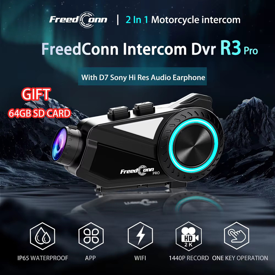 Freedconn R3 Pro Bluetooth Helm-Intercom mit 1440P Dash Cam, WiFi Video Recorder und App-Steuerung, Schwarz - Bild 2